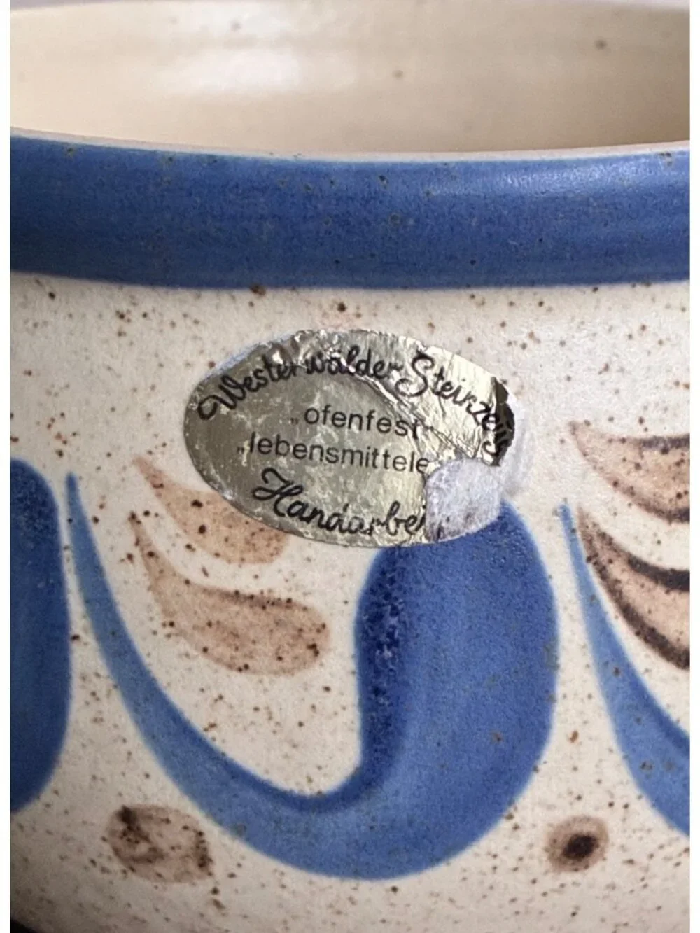 VINTAGE Handmade Pot German Westerwald Stoneware Bowl Cream Cobalt Blue Folk Art